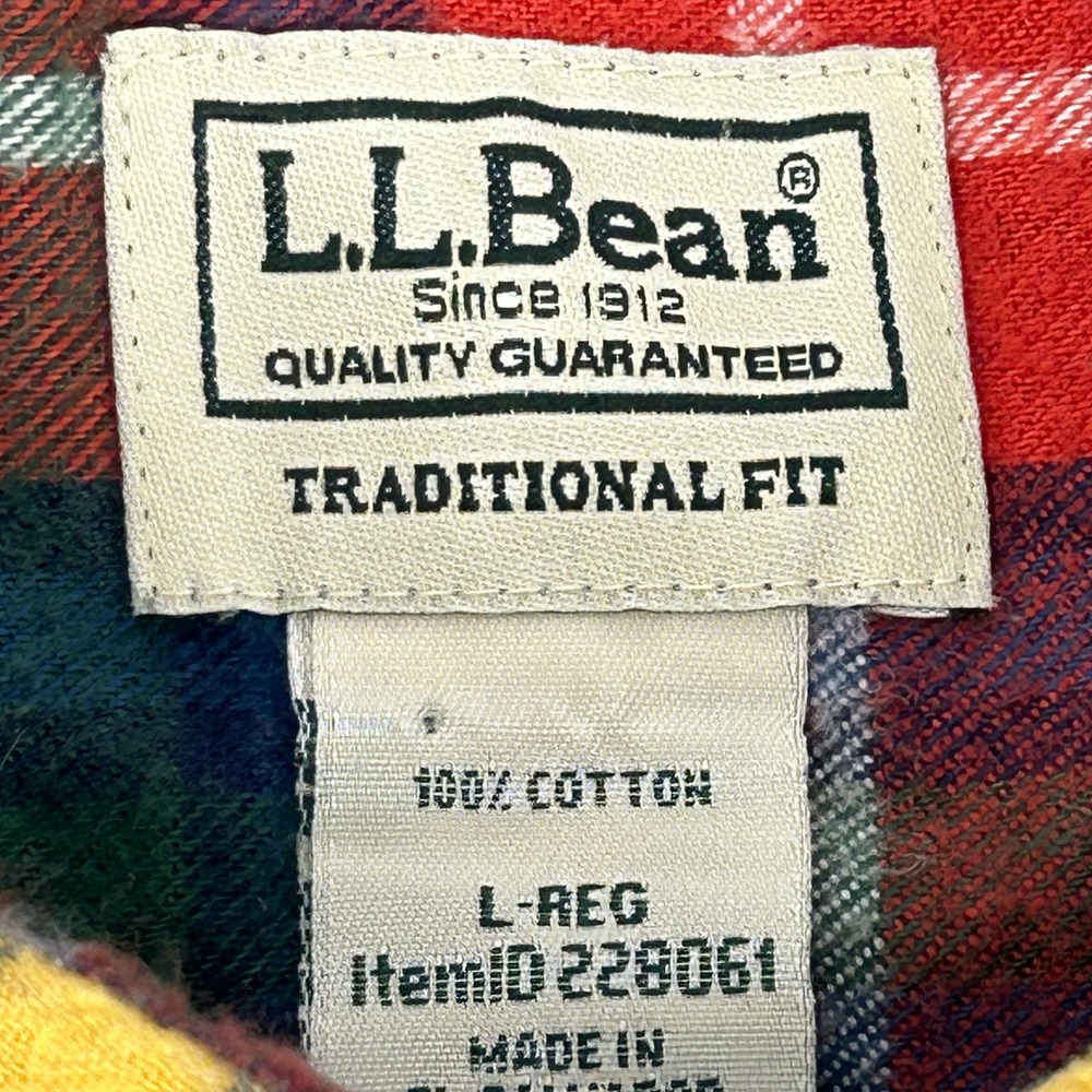 L.L.Bean Scotch Plaid Flannel Shirt Men's‎ L Red Yellow Green Traditional Fit - Picture 2 of 7